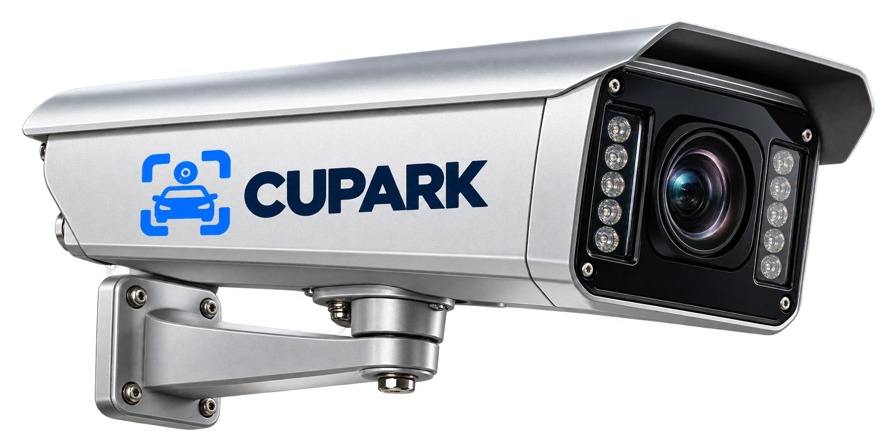 Illustrative CUPARK-Kennzeichenkamera mit Infrarotbeleuchtung und direkt aufgebrachtem Logo